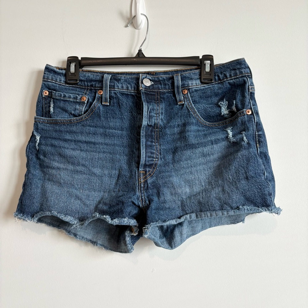 Levi’s 501 Button Fly High Waisted Cutoff Distressed Denim Shorts Dark Size 31
